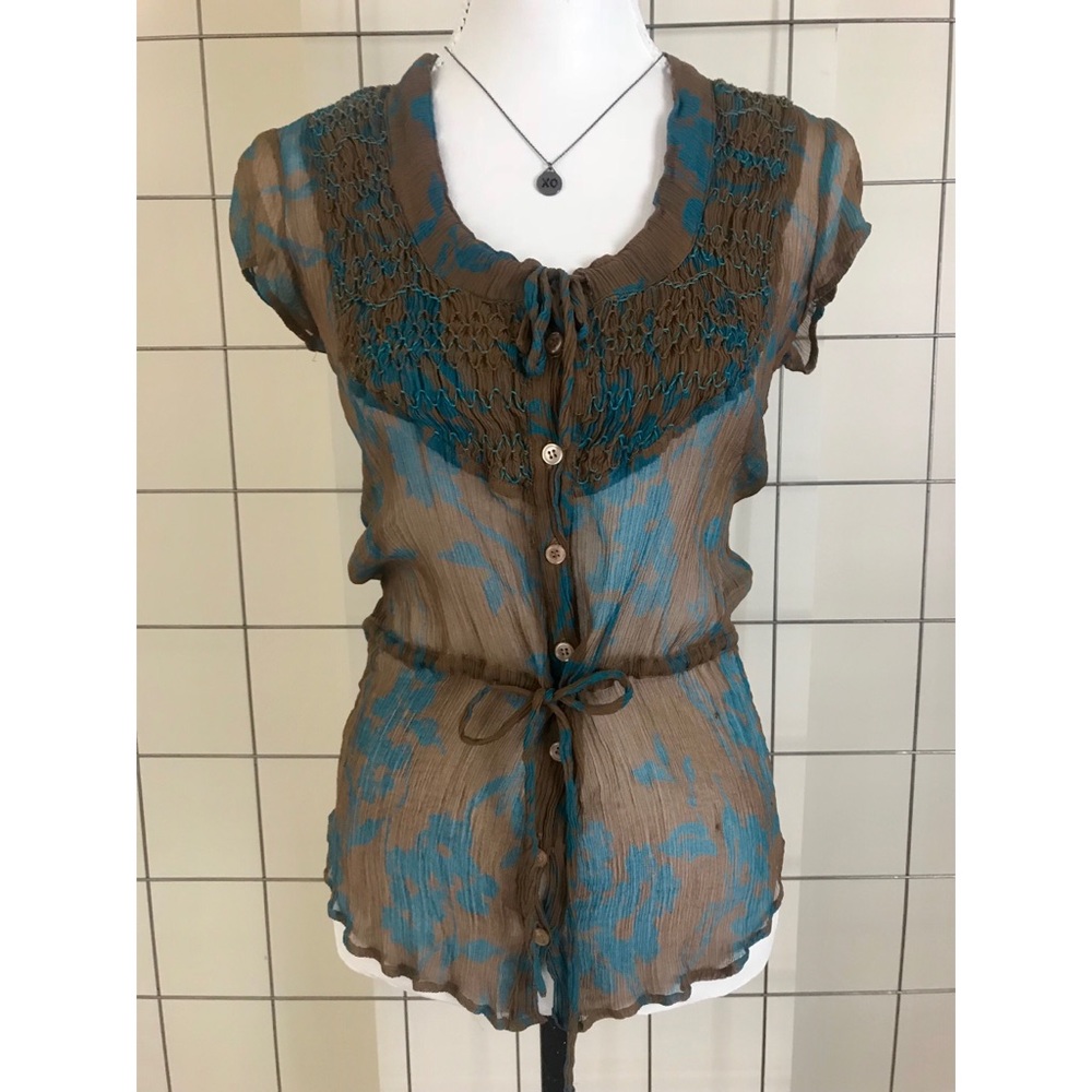 YAYA INTERMIX Brown Blue Sheer Silk Blouse - Picture 1 of 5